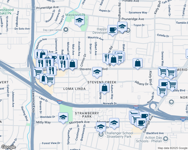 map of restaurants, bars, coffee shops, grocery stores, and more near 4671 Albany Circle in San Jose