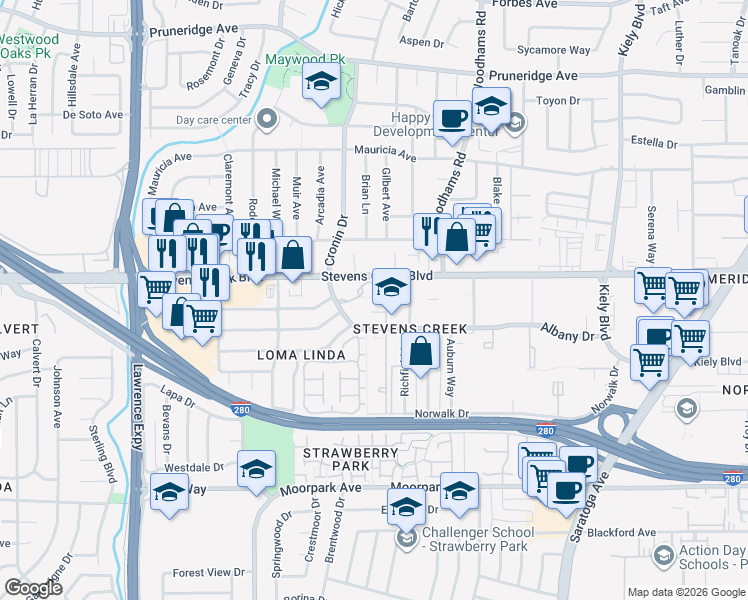 map of restaurants, bars, coffee shops, grocery stores, and more near 4650 Stevens Creek Boulevard in Santa Clara