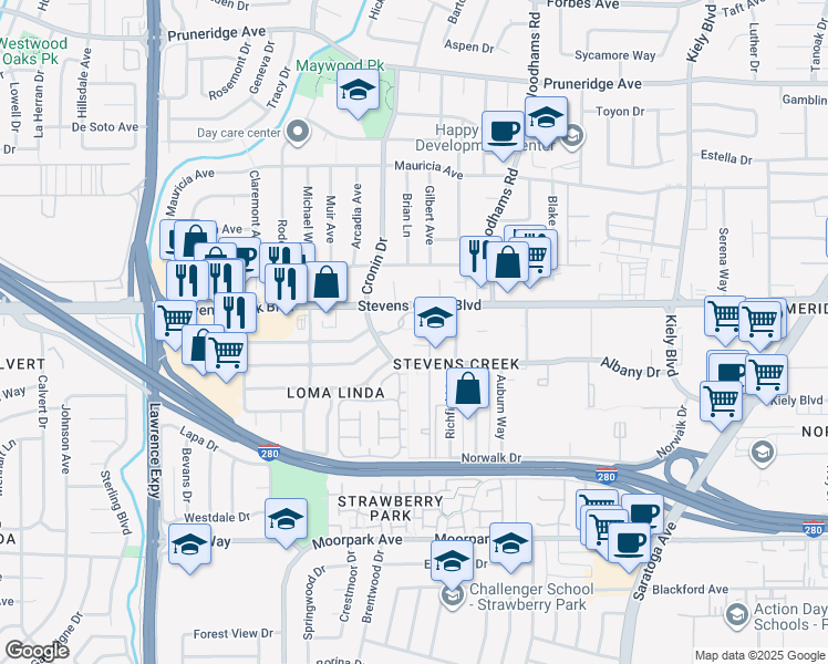 map of restaurants, bars, coffee shops, grocery stores, and more near 4650 Stevens Creek Boulevard in Santa Clara