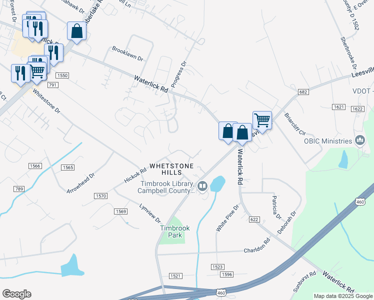 map of restaurants, bars, coffee shops, grocery stores, and more near 83 Pines Village Drive in Lynchburg
