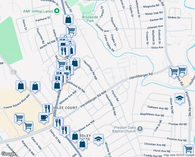 map of restaurants, bars, coffee shops, grocery stores, and more near 4961 Hazelridge Road Northwest in Roanoke
