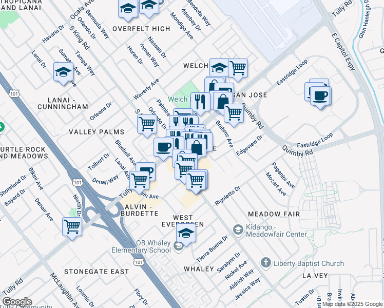 map of restaurants, bars, coffee shops, grocery stores, and more near 1816 Tully Road in San Jose