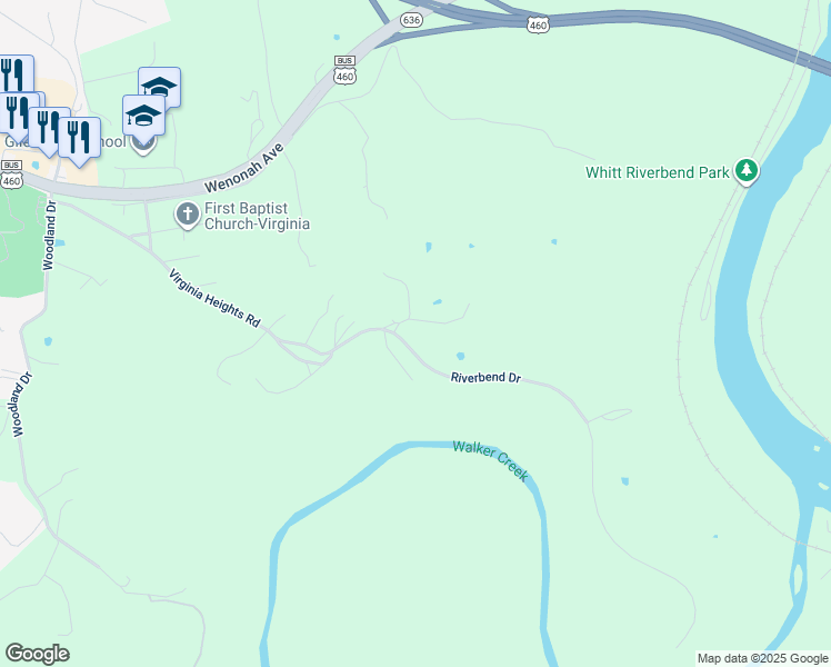 map of restaurants, bars, coffee shops, grocery stores, and more near 115 Riverbend Drive in Pearisburg
