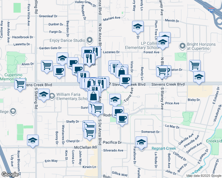 map of restaurants, bars, coffee shops, grocery stores, and more near 20488 Stevens Creek Boulevard in Cupertino