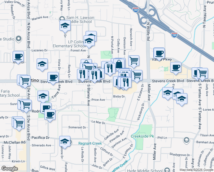 map of restaurants, bars, coffee shops, grocery stores, and more near 19870 Portal Plaza in Cupertino
