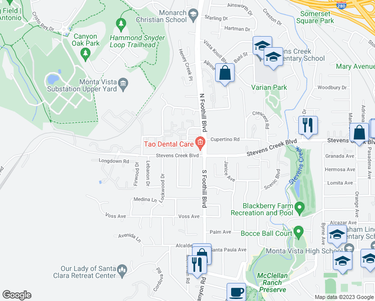 map of restaurants, bars, coffee shops, grocery stores, and more near 22674 Silver Oak Court in Cupertino
