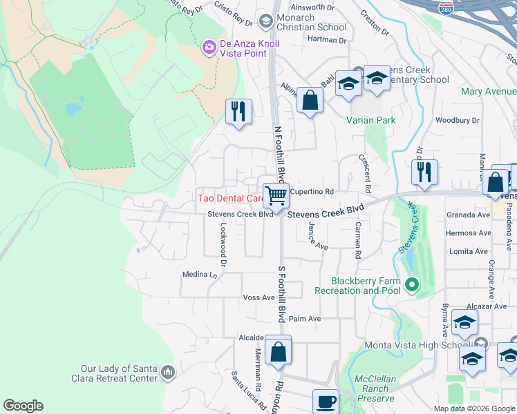 map of restaurants, bars, coffee shops, grocery stores, and more near 22674 Silver Oak Court in Cupertino