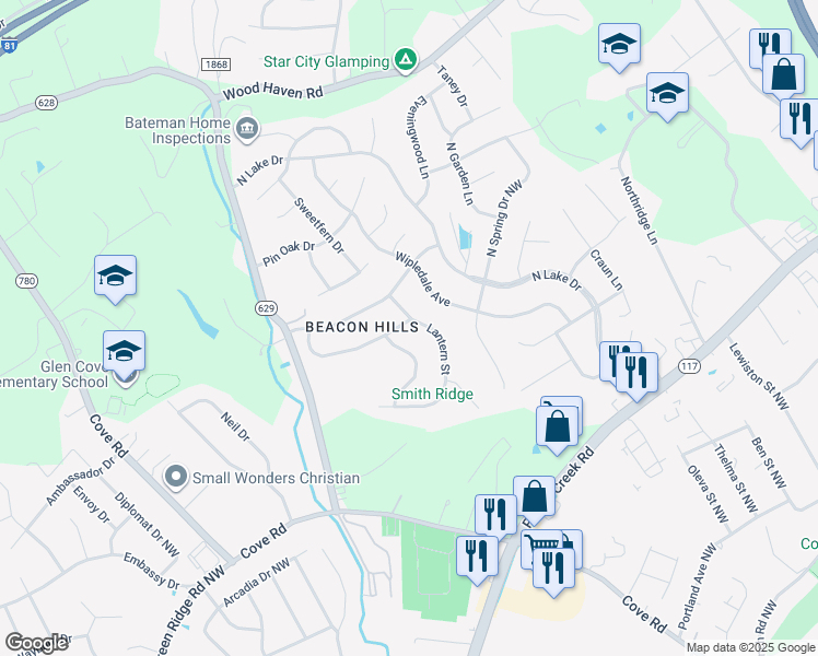 map of restaurants, bars, coffee shops, grocery stores, and more near 4944 Lantern Street in Roanoke