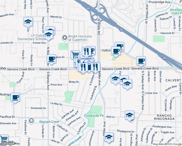map of restaurants, bars, coffee shops, grocery stores, and more near 19610 Stevens Creek Boulevard in Cupertino