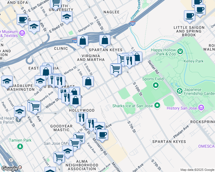 map of restaurants, bars, coffee shops, grocery stores, and more near 1130 South 7th Street in San Jose