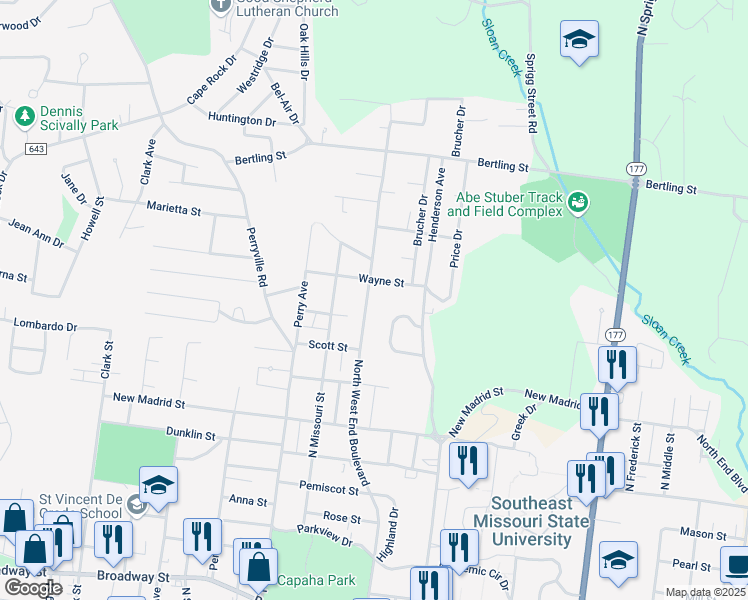 map of restaurants, bars, coffee shops, grocery stores, and more near 1322 North West End Boulevard in Cape Girardeau