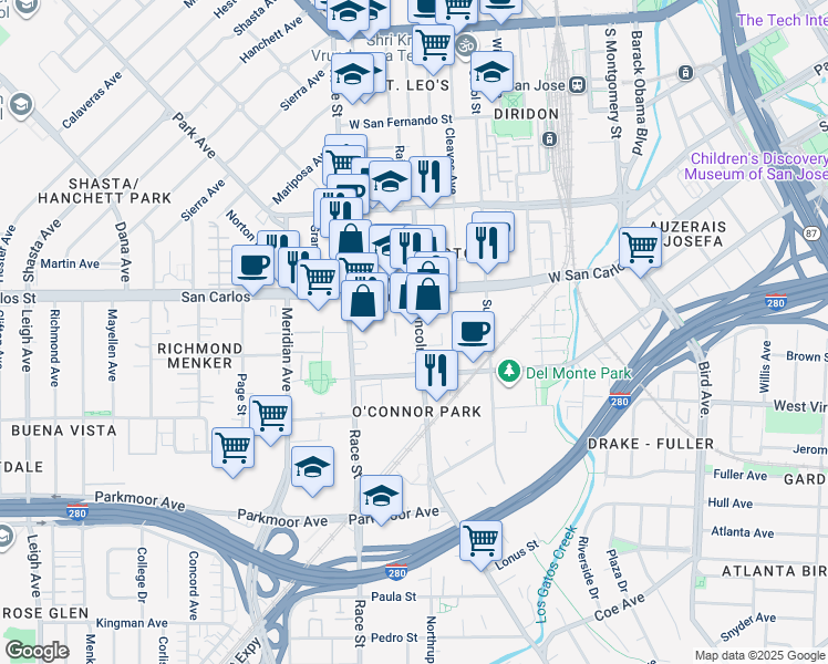 map of restaurants, bars, coffee shops, grocery stores, and more near 1150 West San Carlos Street in San Jose