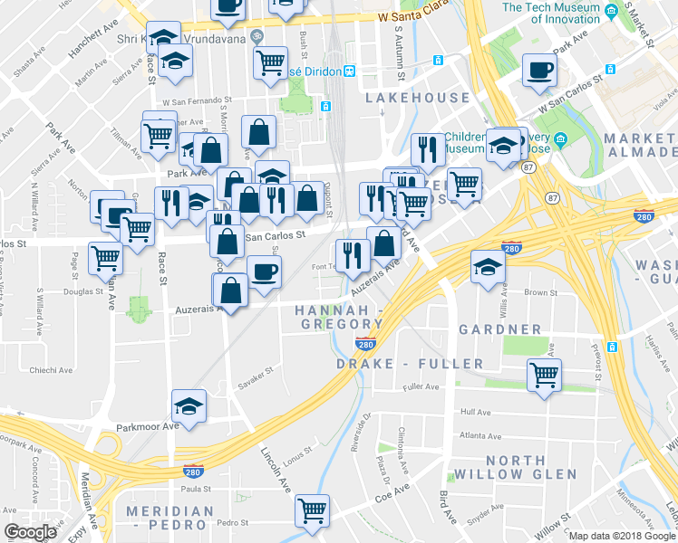 map of restaurants, bars, coffee shops, grocery stores, and more near 846 Font Terrace in San Jose