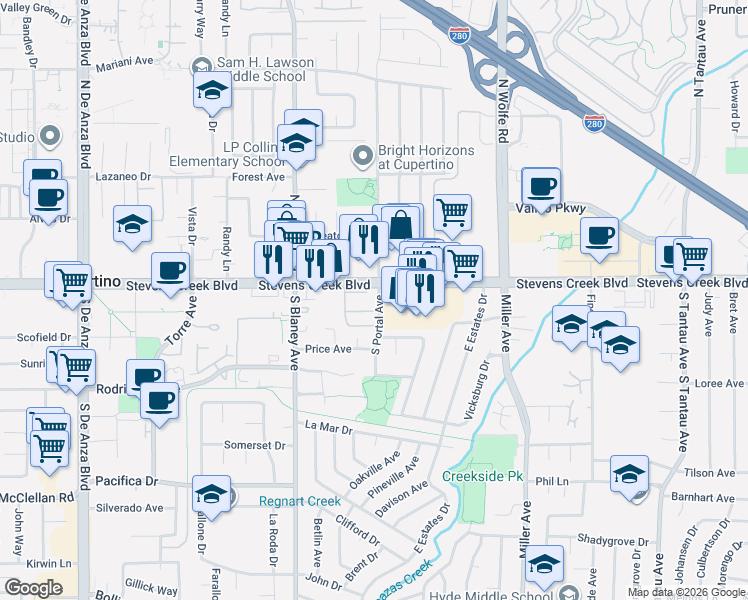 map of restaurants, bars, coffee shops, grocery stores, and more near 19811 Portal Plaza in Cupertino