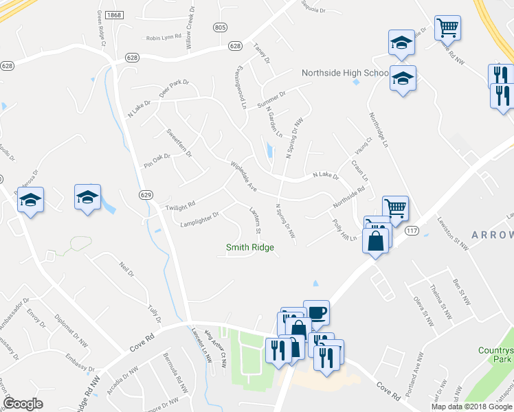 map of restaurants, bars, coffee shops, grocery stores, and more near 4919 Lantern Street in Roanoke