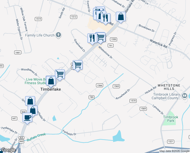 map of restaurants, bars, coffee shops, grocery stores, and more near 21934 Timberlake Road in Lynchburg