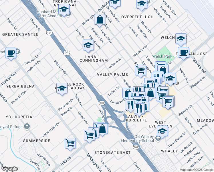 map of restaurants, bars, coffee shops, grocery stores, and more near 2245 Lanai Avenue in San Jose