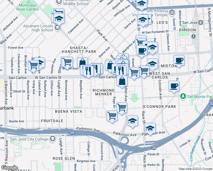 map of restaurants, bars, coffee shops, grocery stores, and more near 326 Willard Avenue in San Jose