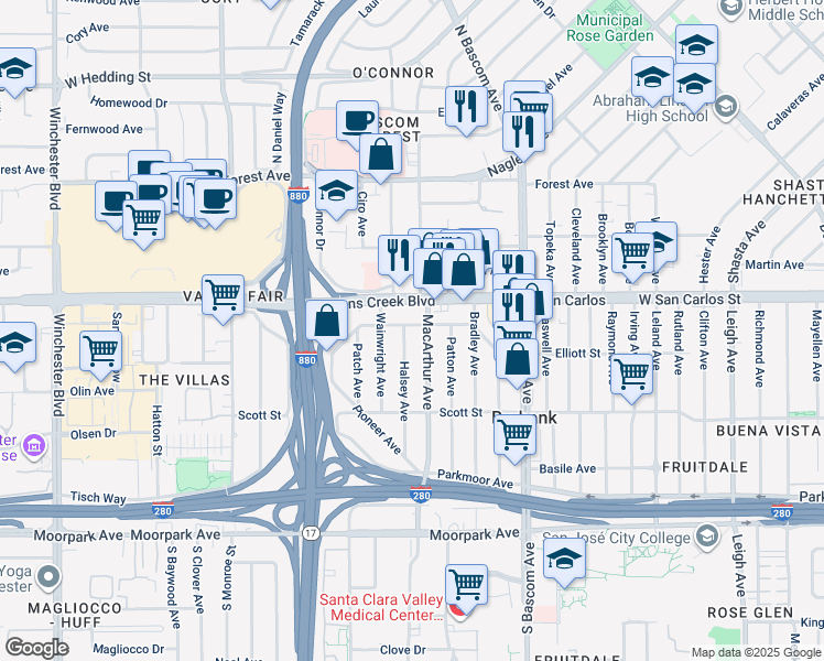 map of restaurants, bars, coffee shops, grocery stores, and more near 2404 Stevens Creek Boulevard in San Jose