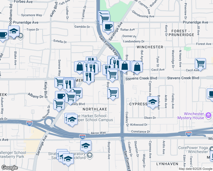 map of restaurants, bars, coffee shops, grocery stores, and more near 3710 Stevens Creek Boulevard in San Jose