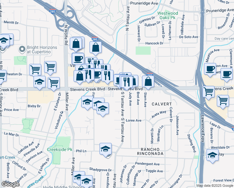 map of restaurants, bars, coffee shops, grocery stores, and more near in Cupertino