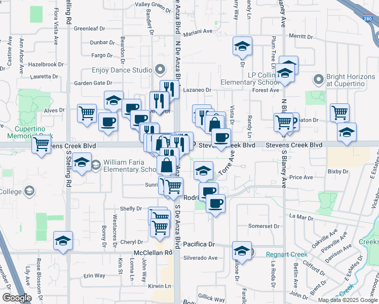 map of restaurants, bars, coffee shops, grocery stores, and more near 20484 Stevens Creek Boulevard in Cupertino