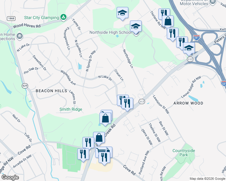 map of restaurants, bars, coffee shops, grocery stores, and more near 3118 Northside Rd in Roanoke