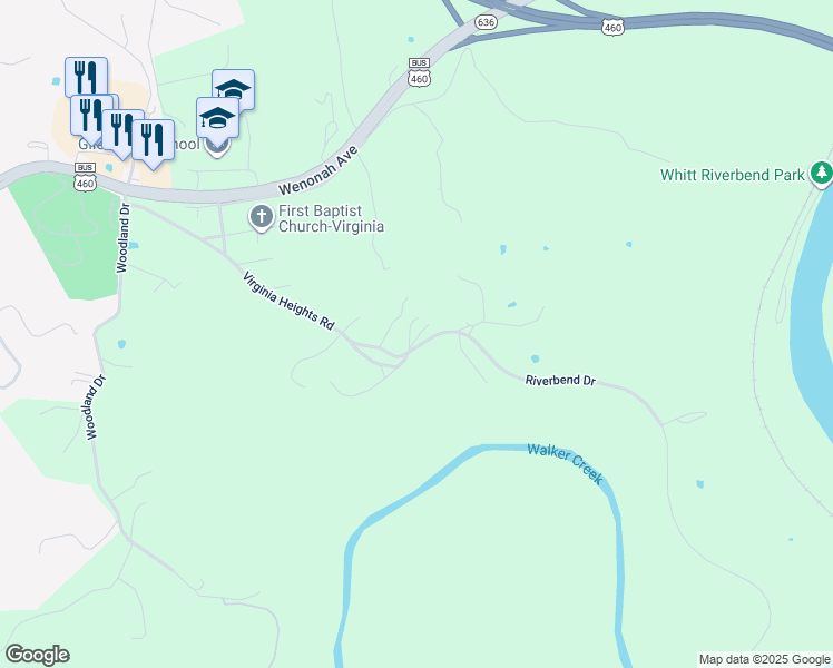map of restaurants, bars, coffee shops, grocery stores, and more near 114 Friendly Avenue in Pearisburg