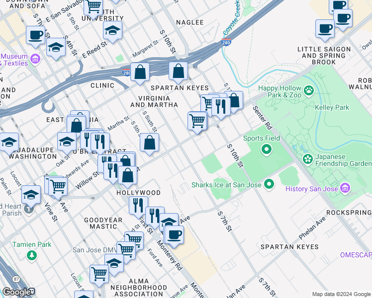 map of restaurants, bars, coffee shops, grocery stores, and more near 1130 South 7th Street in San Jose
