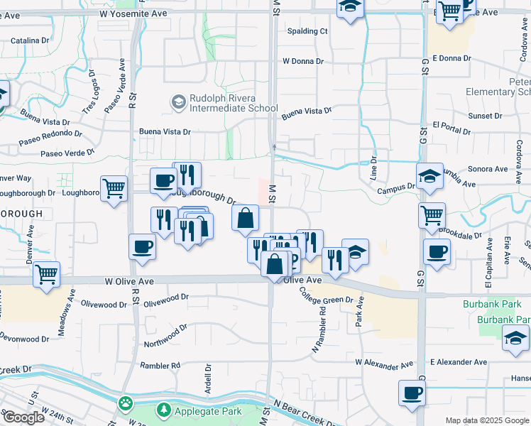 map of restaurants, bars, coffee shops, grocery stores, and more near 3303 M Street in Merced