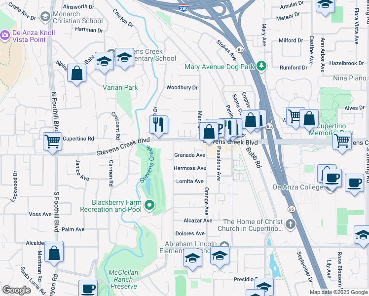 map of restaurants, bars, coffee shops, grocery stores, and more near 10018 Minaker Court in Cupertino