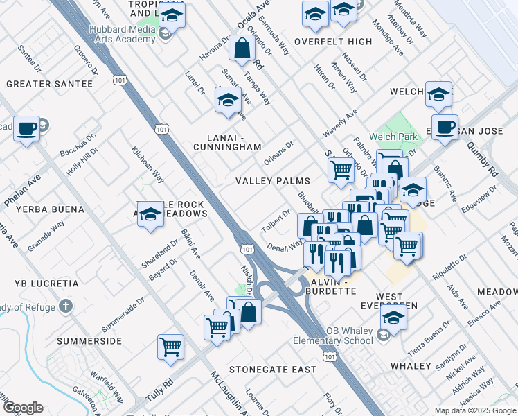 map of restaurants, bars, coffee shops, grocery stores, and more near 2245 Lanai Avenue in San Jose