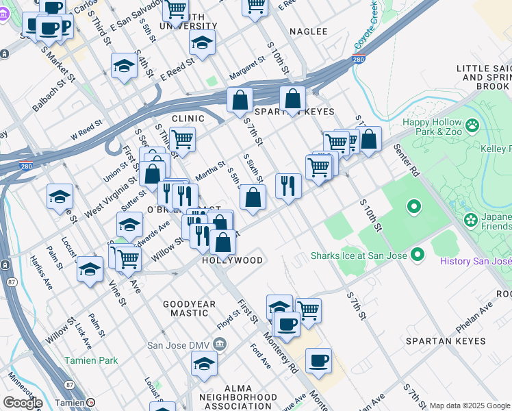 map of restaurants, bars, coffee shops, grocery stores, and more near 1058 South 5th Street in San Jose