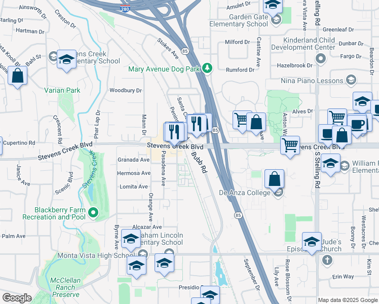 map of restaurants, bars, coffee shops, grocery stores, and more near 21627 Stevens Creek Boulevard in Cupertino