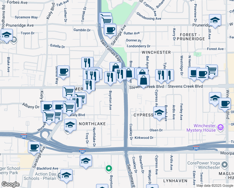 map of restaurants, bars, coffee shops, grocery stores, and more near 3640 Stevens Creek Boulevard in San Jose