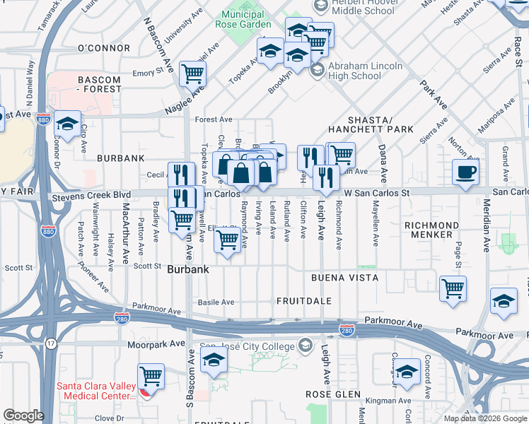 map of restaurants, bars, coffee shops, grocery stores, and more near 354 Irving Avenue in San Jose