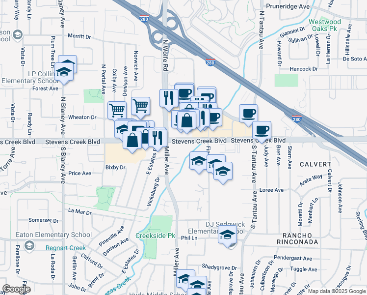 map of restaurants, bars, coffee shops, grocery stores, and more near 19505 Stevens Creek Boulevard in Cupertino