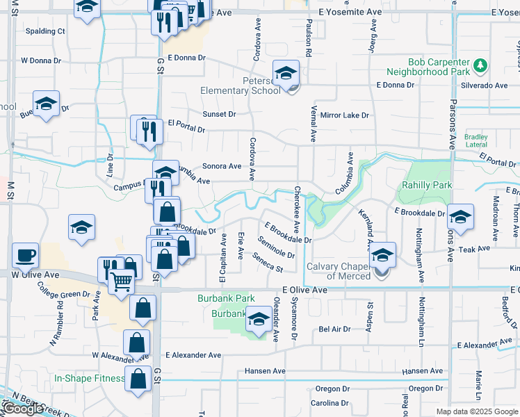 map of restaurants, bars, coffee shops, grocery stores, and more near 520 Columbia Avenue in Merced