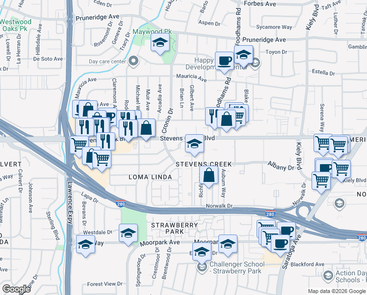 map of restaurants, bars, coffee shops, grocery stores, and more near 4650 Stevens Creek Boulevard in Santa Clara