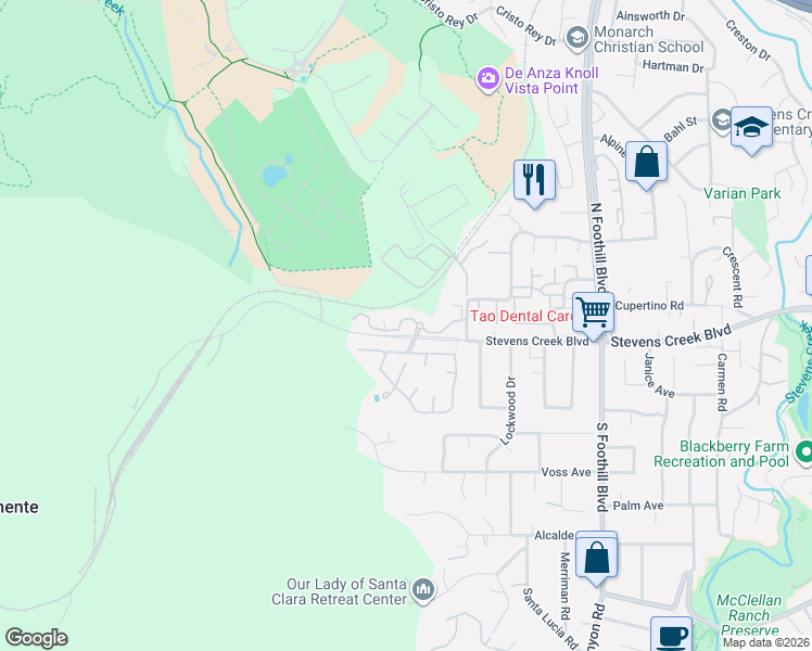 map of restaurants, bars, coffee shops, grocery stores, and more near 22920 Stonebridge in Cupertino