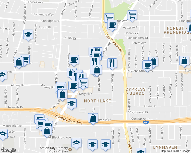 map of restaurants, bars, coffee shops, grocery stores, and more near 3830 Stevens Creek Boulevard in San Jose