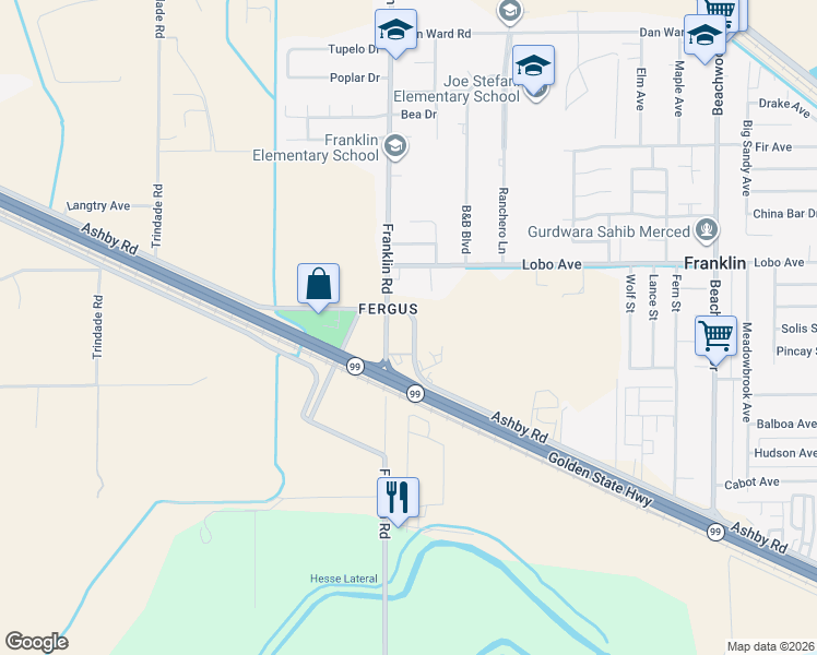 map of restaurants, bars, coffee shops, grocery stores, and more near 2349 Ashby Road in Merced