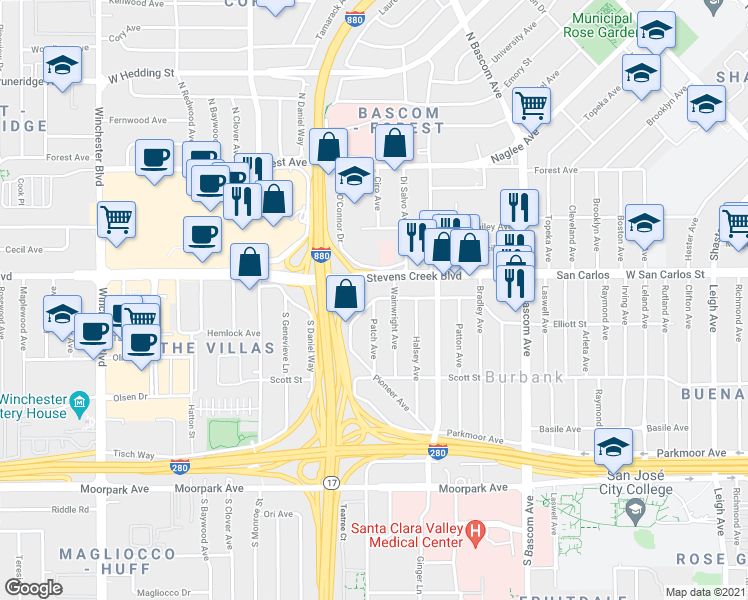 map of restaurants, bars, coffee shops, grocery stores, and more near Patch Avenue in San Jose