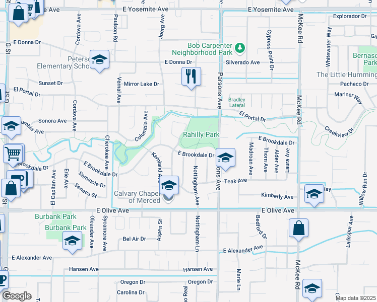 map of restaurants, bars, coffee shops, grocery stores, and more near 1509 East Brookdale Drive in Merced