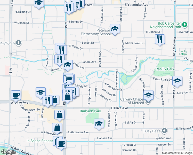 map of restaurants, bars, coffee shops, grocery stores, and more near 520 Columbia Avenue in Merced