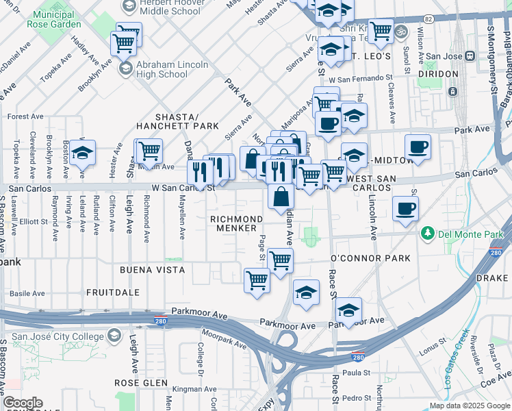 map of restaurants, bars, coffee shops, grocery stores, and more near 333 Page Street in San Jose