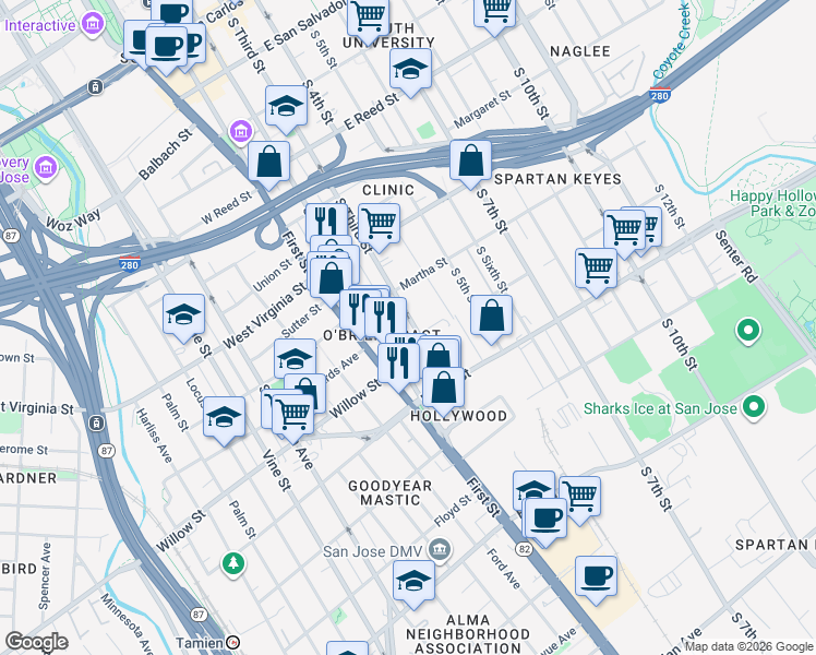 map of restaurants, bars, coffee shops, grocery stores, and more near 941 South 3rd Street in San Jose