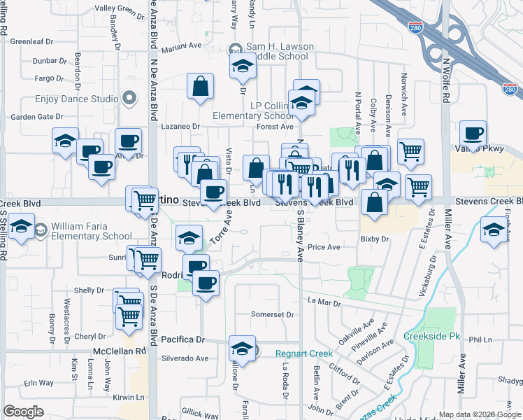 map of restaurants, bars, coffee shops, grocery stores, and more near 20111 Stevens Creek Boulevard in Cupertino