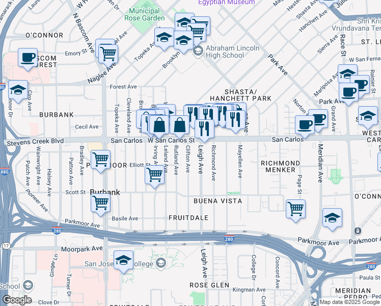 map of restaurants, bars, coffee shops, grocery stores, and more near 346 Clifton Avenue in San Jose