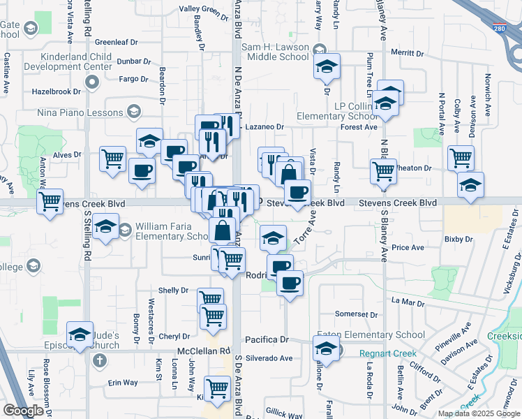 map of restaurants, bars, coffee shops, grocery stores, and more near 20484 Stevens Creek Boulevard in Cupertino
